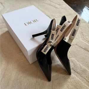 Dior Black Patent Leather Heels with Logo Straps